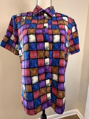 Erena Petite colorful vintage color block button up top SZ LG FLAW